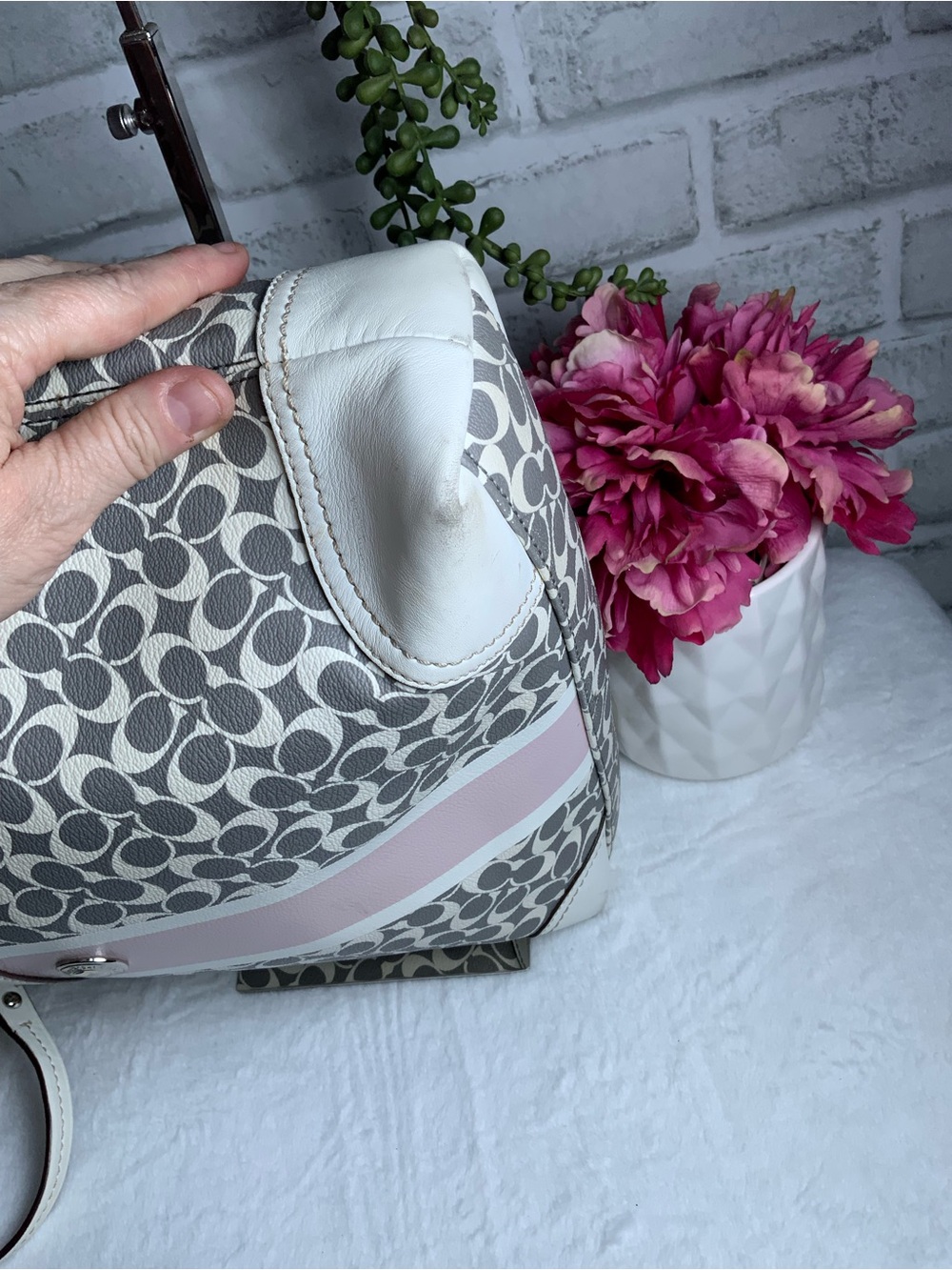 Coach Gray Signature Tote with Pink Center Stripe - Picture 11 of 13